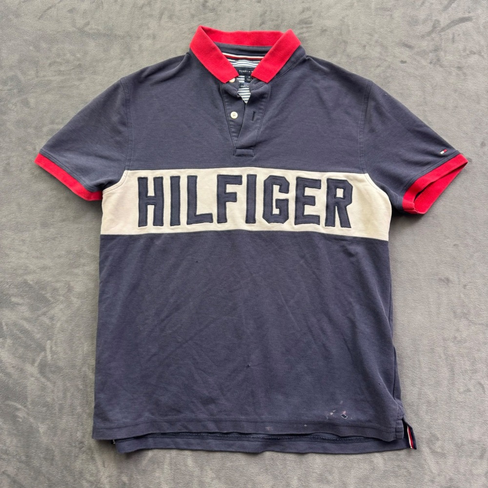 Tommy Hilfiger Mens Navy Blue Red Colorblock Logo Polo Shirt Custom Fit Medium